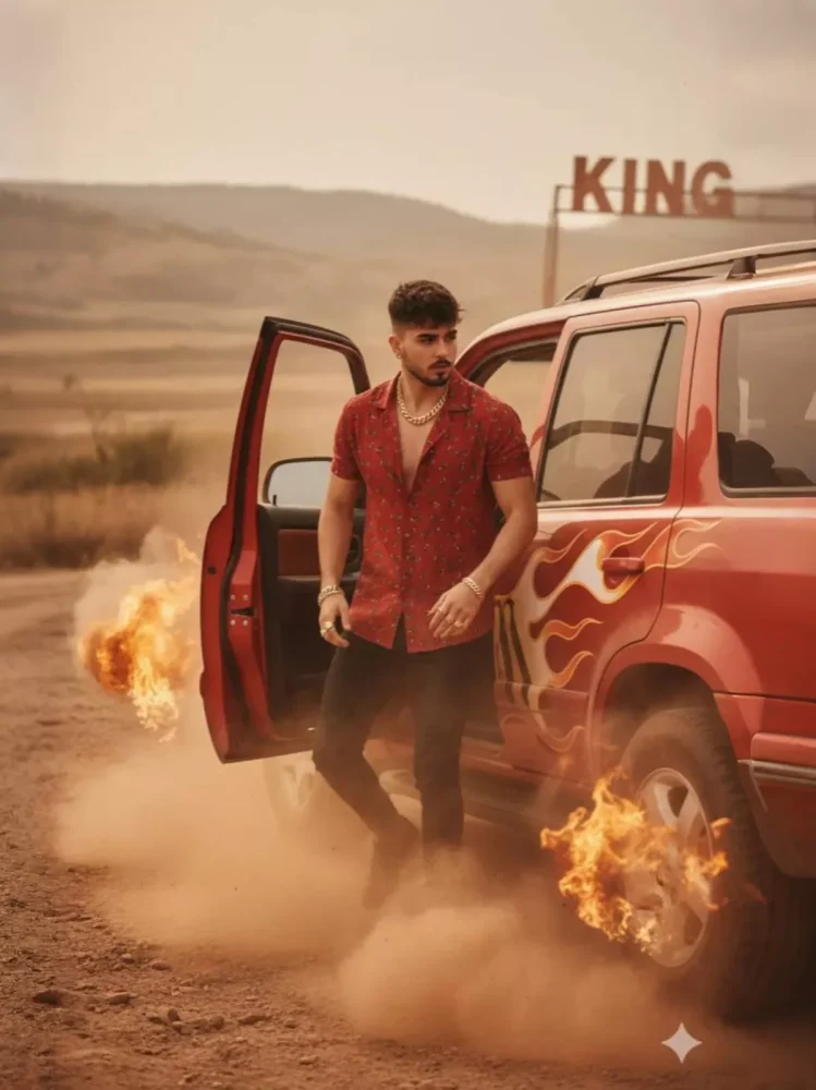 Viral Red SUV Action Hero AI Prompt: Cinematic Fire & Dust Trend