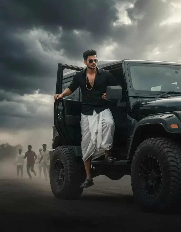 Realistic Action Hero AI Prompt: Rugged Jeep & Cinematic Dust Scene