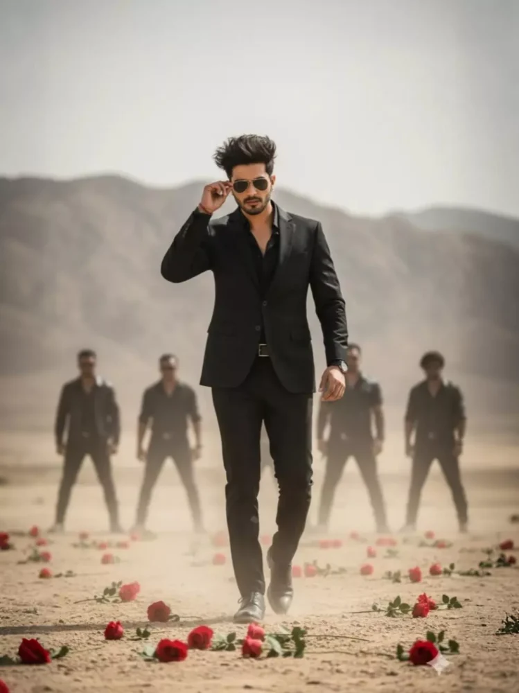 Desert Action Movie AI Prompt: Stylish Hero vs Gangster Scene