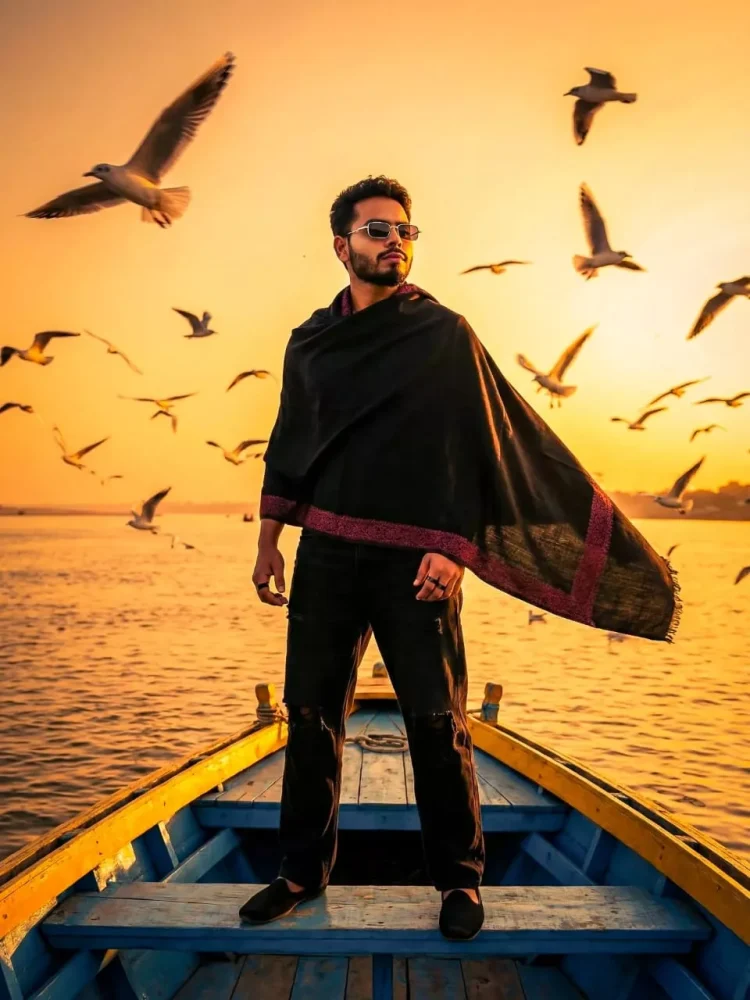 Realistic River Sunset AI Photo Prompt with Seagulls and Boat