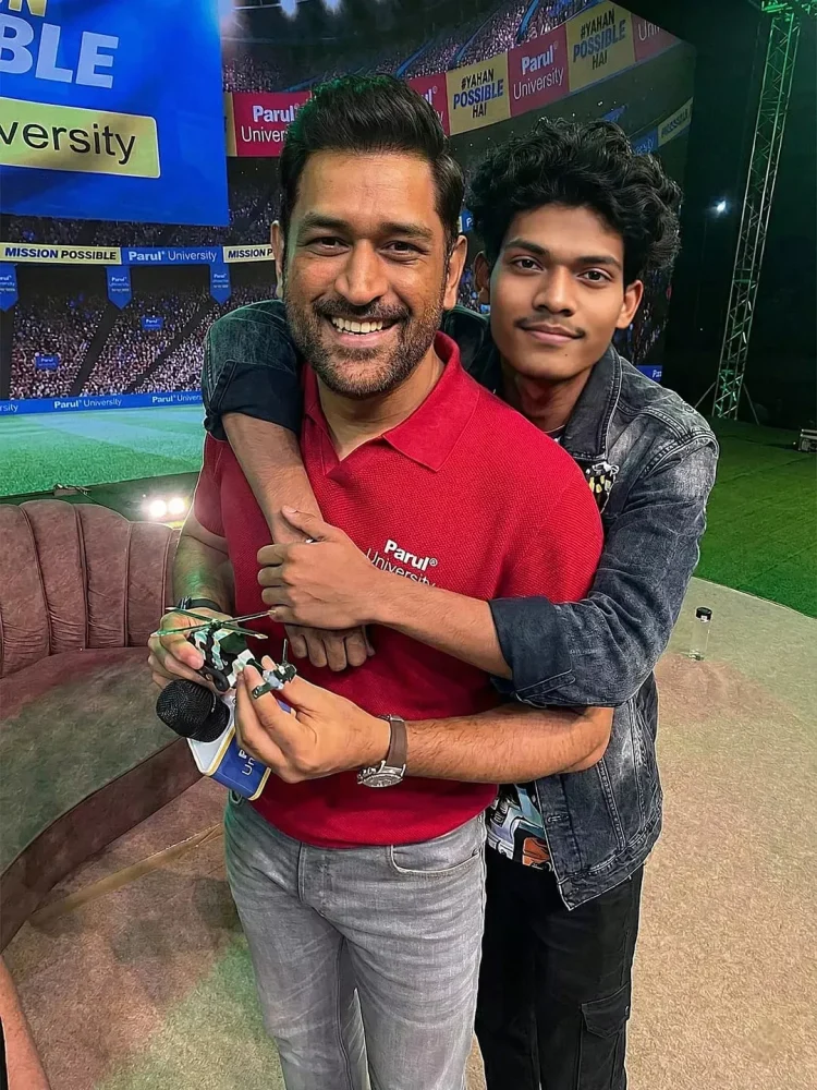 Realistic MS Dhoni AI Photo Prompt: Emotional Fan Hug Scene