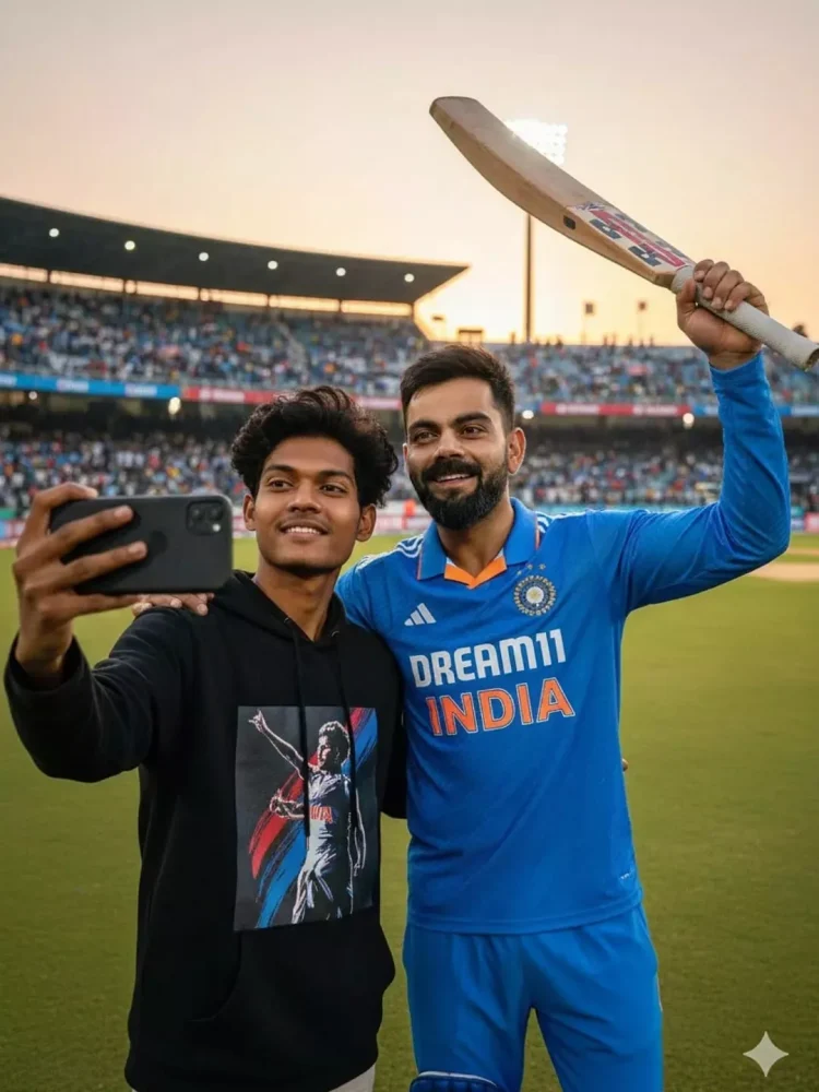 Golden Hour Virat Kohli AI Selfie Prompt: Realistic Stadium Vibe